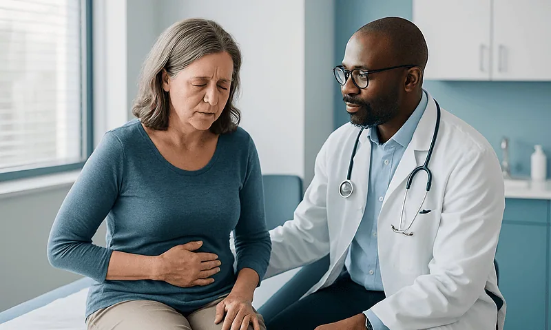 Doctor examining woman with abdominal pain in clinic.