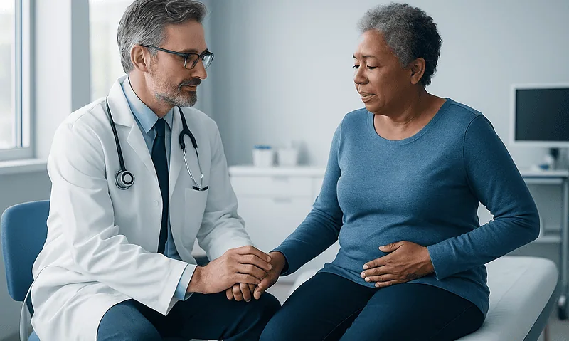 Doctor comforting a patient in a medical consultation room.