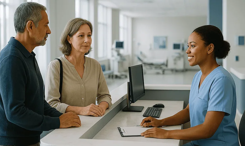Patient consulting with healthcare professional at hospital reception desk.
