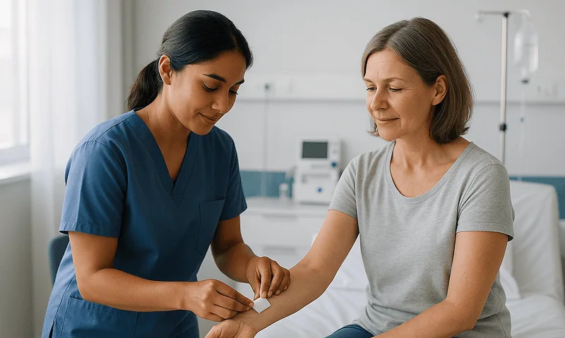 Nurse applying antiseptic to patient's arm in hospital room.
