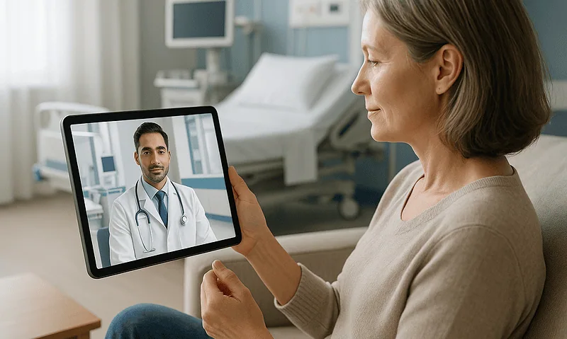 Patient consulting with doctor via telemedicine in hospital room.