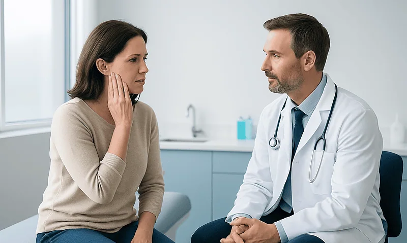 Doctor consulting with a woman patient about TMJ pain in a clinic.