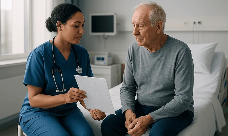 Nurse discussing patient care and valuables in a hospital room.