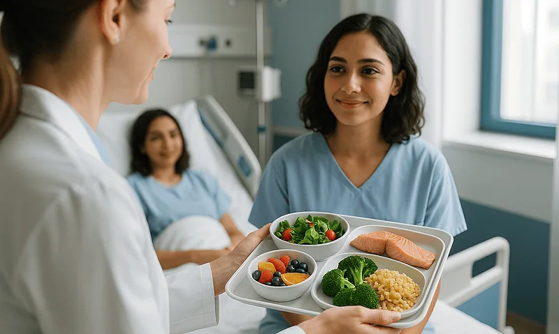Hospital staff serving nutritious meal to a patient in a hospital room.