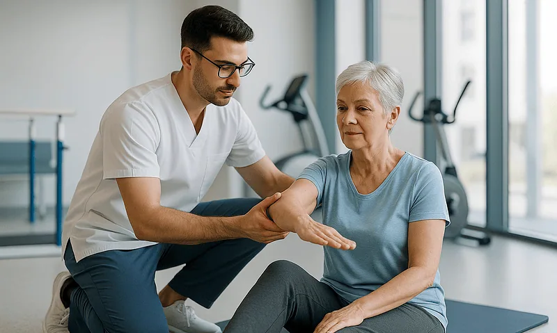 Physiotherapist assisting elderly woman with manual therapy exercises at clinic.