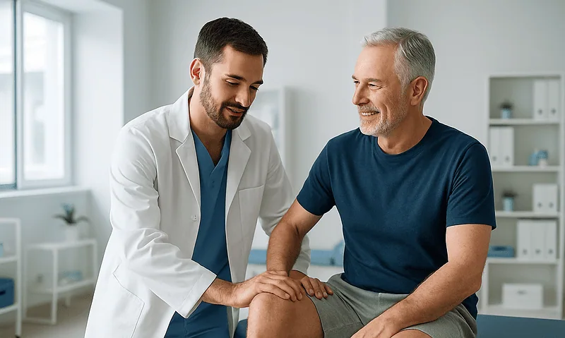 Physiotherapist performing manual therapy on a patient's knee in a clinical setting.