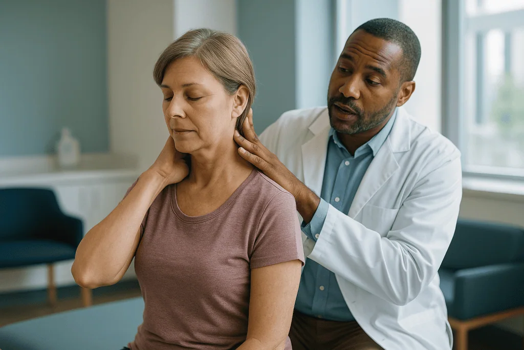 Doctor examining patient's neck and shoulder area: Manual therapy for neck pain: is the picture different?