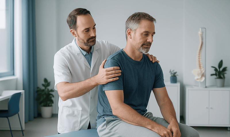 Chiropractor performing manual therapy on patient in clinic setting.