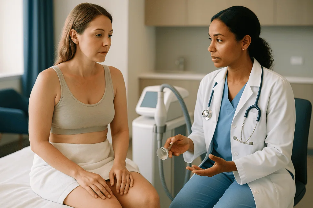 Doctor consulting patient about skin condition: Manual versus vacuum-assisted subcision: what's the difference?