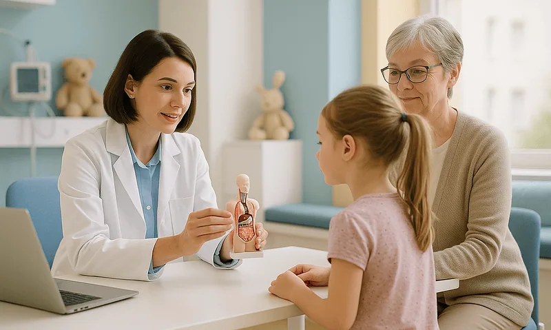 Pediatric consultation at Acibadem Hospital with doctor explaining a model of the human digestive系统.