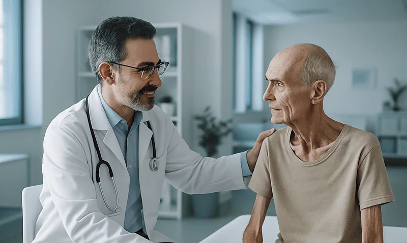 Doctor consulting with elderly patient in a hospital setting.