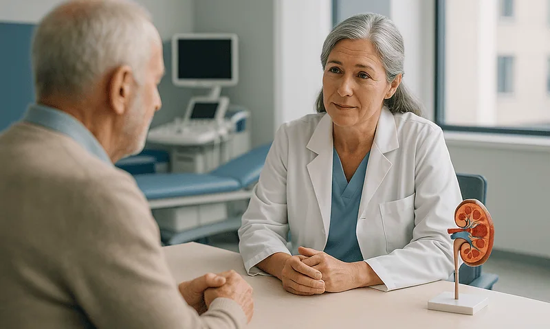 Doctor consulting with an elderly patient in a medical office.