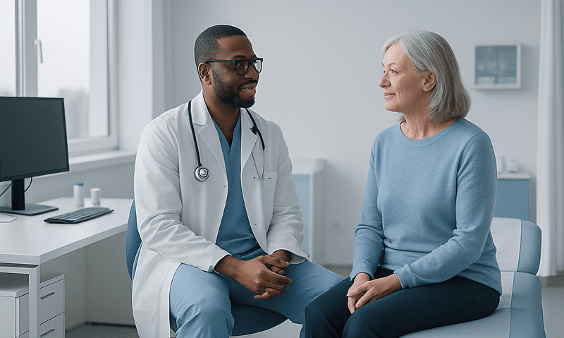 Doctor consulting with an elderly female patient in a medical office.
