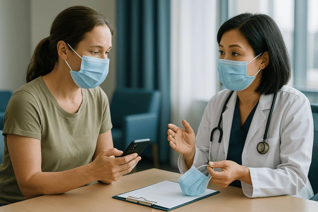 Doctor consulting patient with smartphone in clinical setting: Masks, calling ahead, and can I go to work with whooping coug