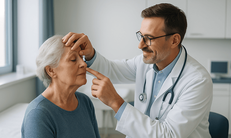 Ophthalmologist examining elderly woman's eye in clinic setting.