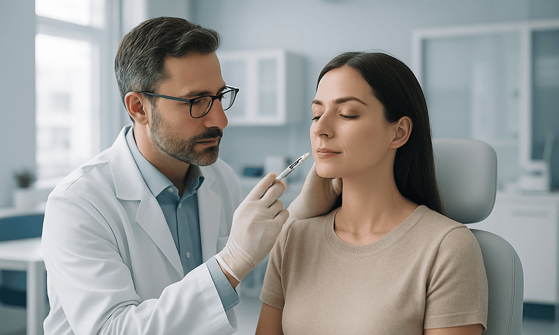 Doctor administering Botox injection to a woman's jaw in a clinical setting.