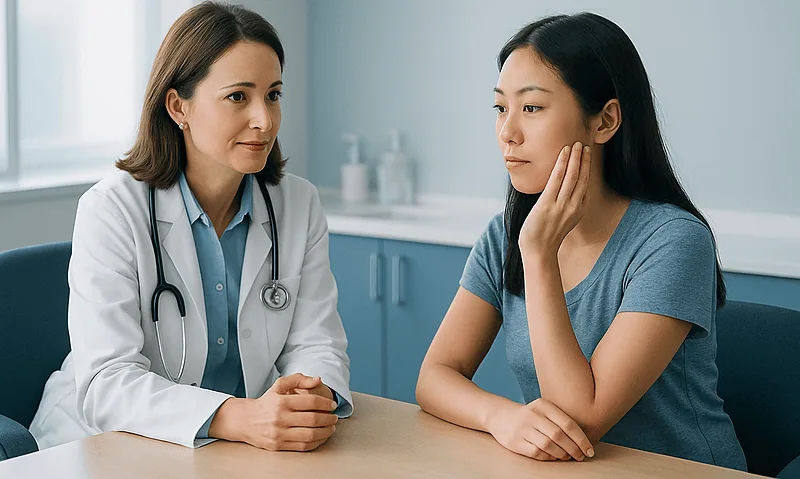 Doctor consulting with a young woman about facial concerns in a medical office.