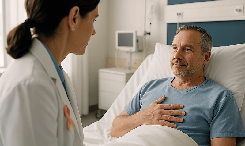 Doctor consulting with a male patient in a hospital room.