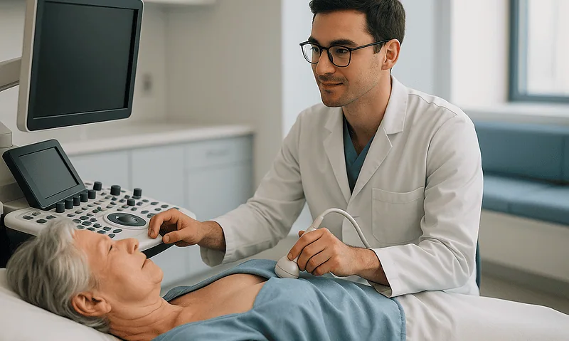 Doctor performing ultrasound on a patient with mastitis symptoms in hospital.