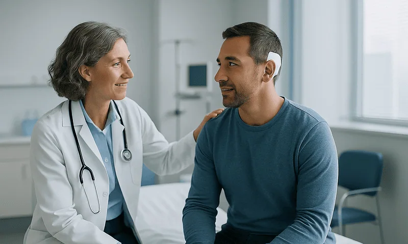 Doctor consulting with a patient in a hospital room.