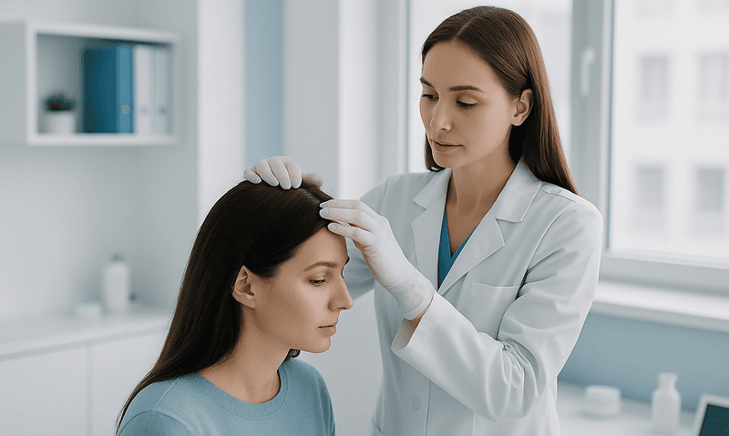 Doctor examining woman's hair for hair loss or thinning issues.