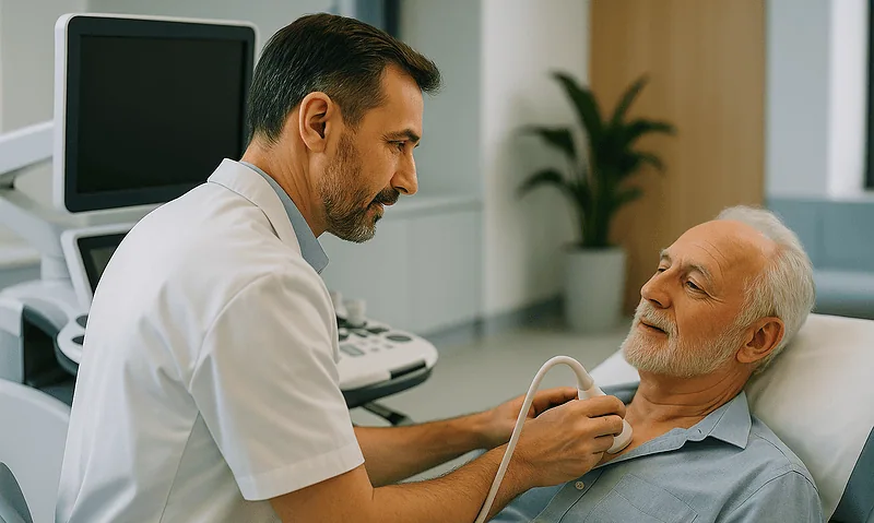 Doctor examining senior patient in hospital room for diabetes management.
