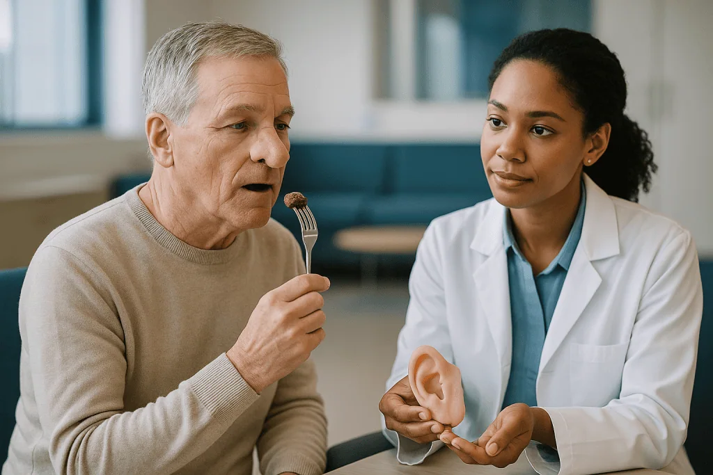 Healthcare provider consulting senior patient about prosthesis: Maxillofacial prosthesis examples: what teams actually make