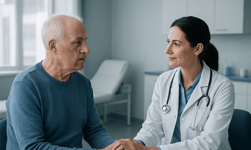 Doctor consulting with elderly male patient in a hospital setting.