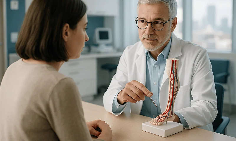 Doctor explaining May-Thurner Syndrome with anatomical model to patient.