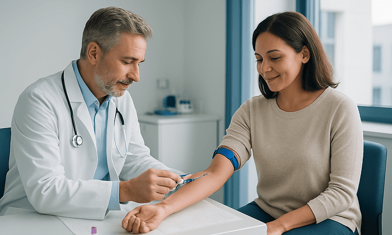 Doctor drawing blood from a patient's arm in a clinical setting.