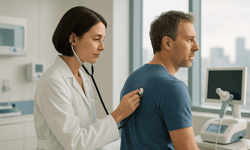 Doctor examining a patient with a stethoscope in a modern clinic setting.
