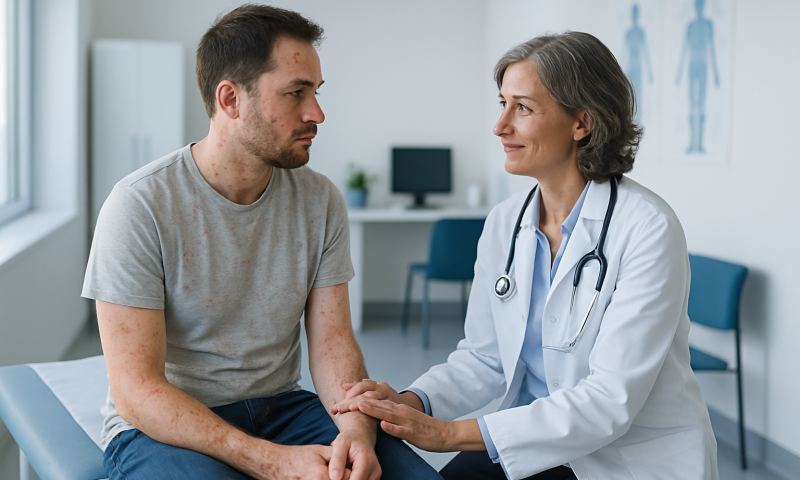 Doctor consulting with a male patient in a medical office.