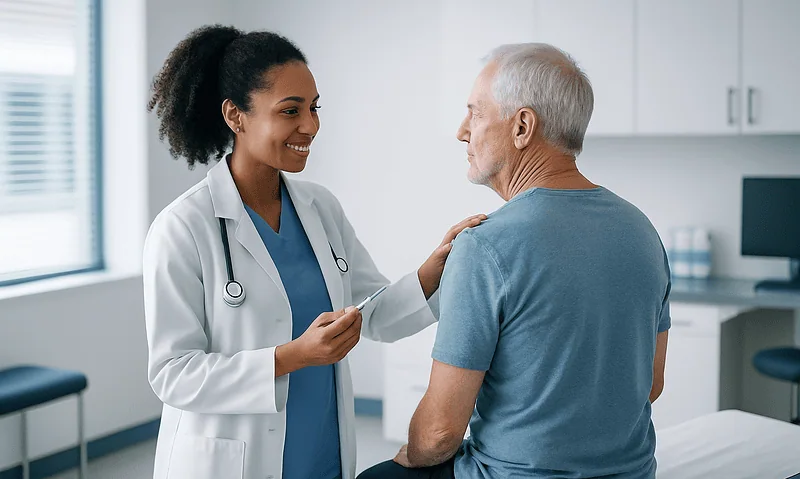 Doctor consulting with an elderly male patient in a medical office.
