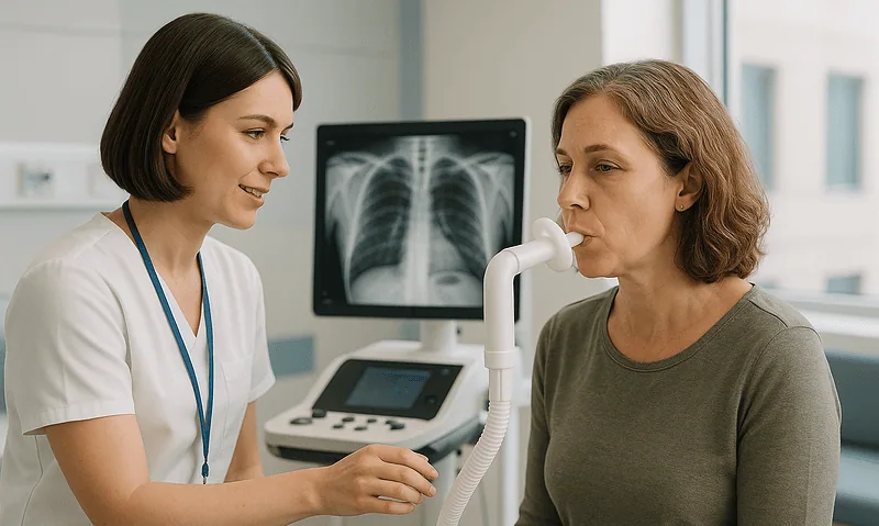 Doctor performing mediastinoscopy consultation with patient in hospital.