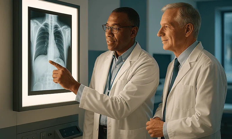 Doctors examining a chest X-ray in a hospital setting.