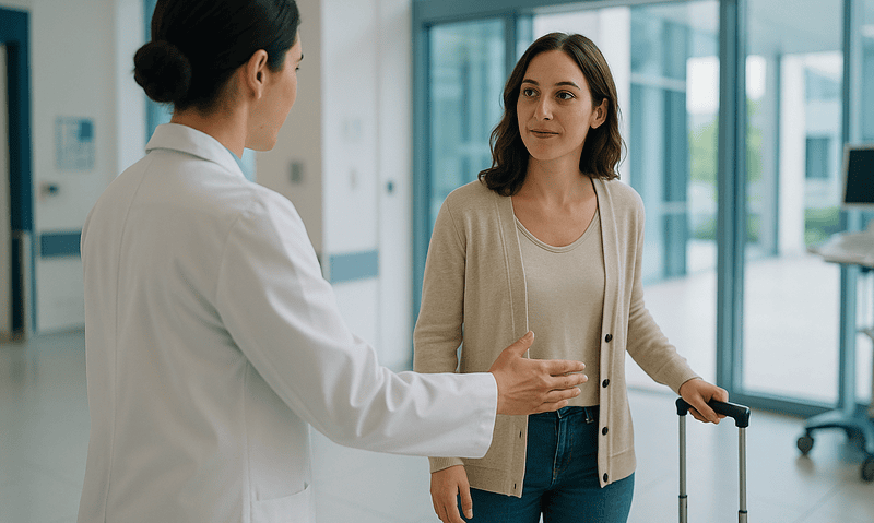 Female traveler at Istanbul Airport speaking with a medical professional.