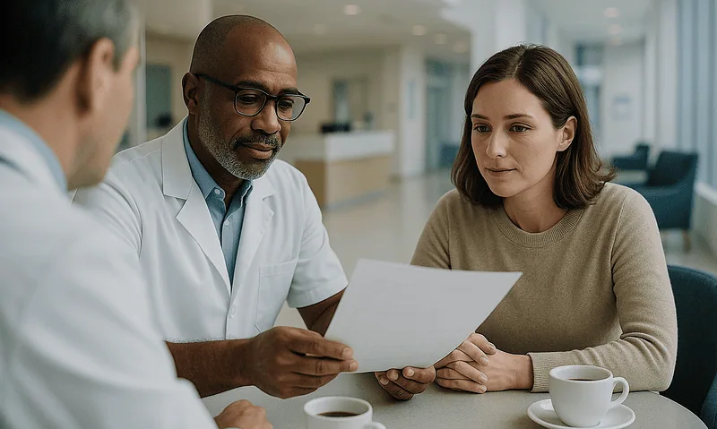 Doctor discussing medical report with a woman at a clinic.