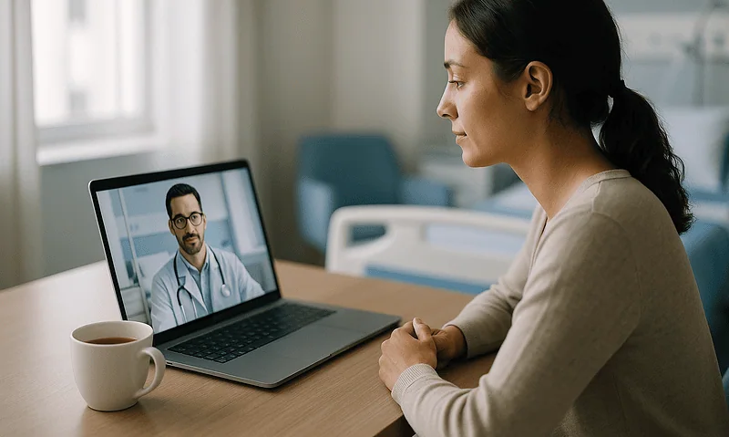 Woman consulting with doctor via telemedicine on laptop in hospital room.