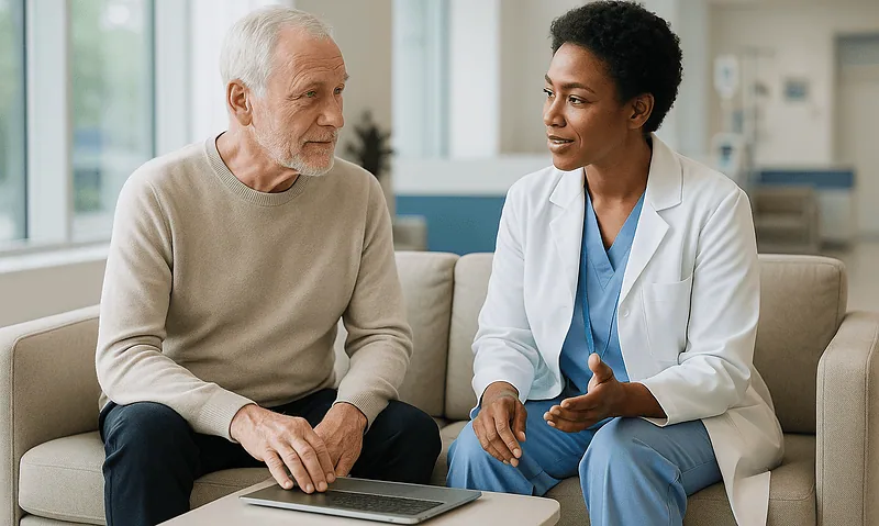 Doctor consulting with elderly patient in a hospital setting.