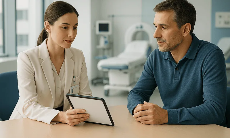 Doctor consulting with patient in hospital room at Acibadem Hospitals Group.