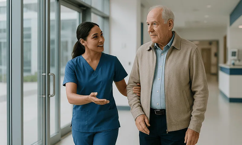 Nurse talking to an elderly patient in hospital corridor.