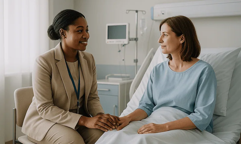 Compassionate doctor comforting patient in hospital room.