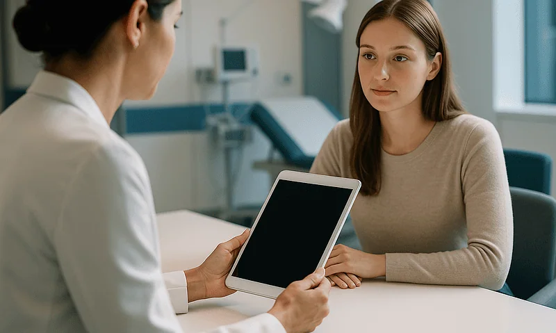 Doctor discussing medical documents with patient in hospital.