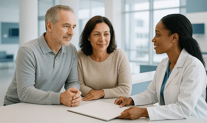 Medical consultation with a doctor and two patients in a modern clinic.