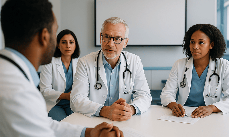Medical team discussing patient care in a hospital conference room.