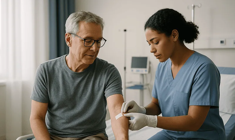 Doctor administering a blood test to an elderly male patient in a hospital room.