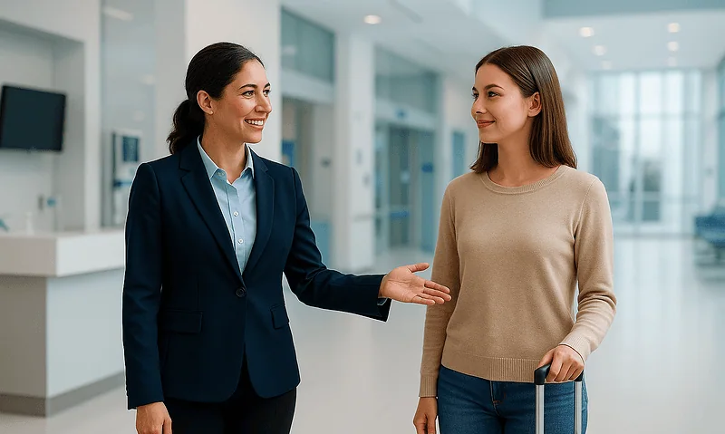 Hospital staff member speaking with a patient in a modern healthcare facility.