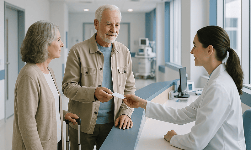 Elderly couple consulting with a doctor at a hospital reception desk.