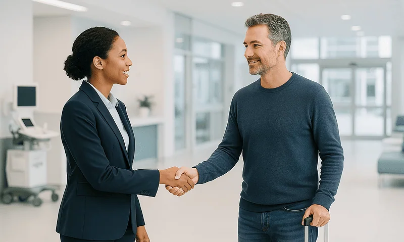 Business professionals shaking hands in a modern hospital lobby.