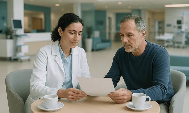 Doctor consulting with a patient in a hospital lobby.